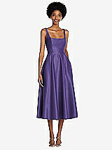 Front View Thumbnail - Regalia - PANTONE Ultra Violet Square Neck Full Skirt Satin Midi Dress with Pockets