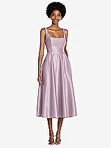 Front View Thumbnail - Suede Rose Square Neck Full Skirt Satin Midi Dress with Pockets