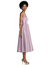 Side View Thumbnail - Suede Rose Square Neck Full Skirt Satin Midi Dress with Pockets