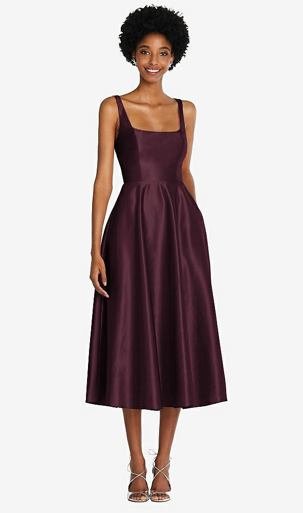 Front View - Bordeaux Square Neck Full Skirt Satin Midi Dress with Pockets