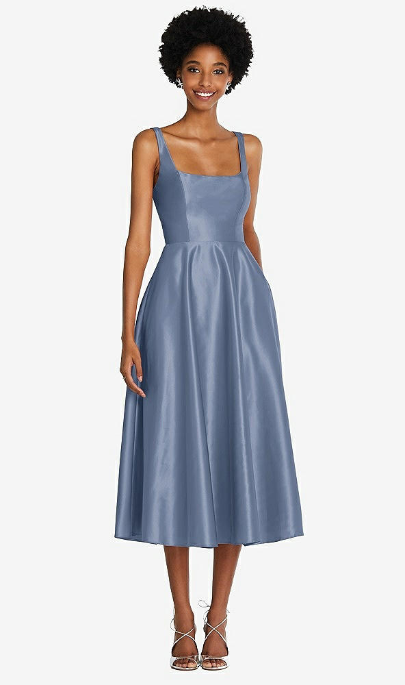 Front View - Larkspur Blue Square Neck Full Skirt Satin Midi Dress with Pockets