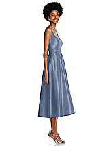Side View Thumbnail - Larkspur Blue Square Neck Full Skirt Satin Midi Dress with Pockets