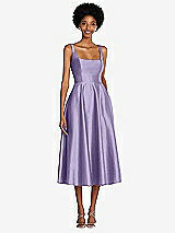 Front View Thumbnail - Passion Square Neck Full Skirt Satin Midi Dress with Pockets