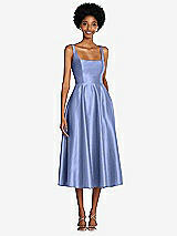 Front View Thumbnail - Periwinkle - PANTONE Serenity Square Neck Full Skirt Satin Midi Dress with Pockets