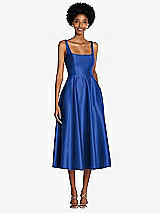 Front View Thumbnail - Sapphire Square Neck Full Skirt Satin Midi Dress with Pockets