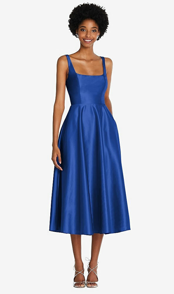 Front View - Sapphire Square Neck Full Skirt Satin Midi Dress with Pockets