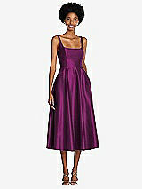 Front View Thumbnail - Wild Berry Square Neck Full Skirt Satin Midi Dress with Pockets