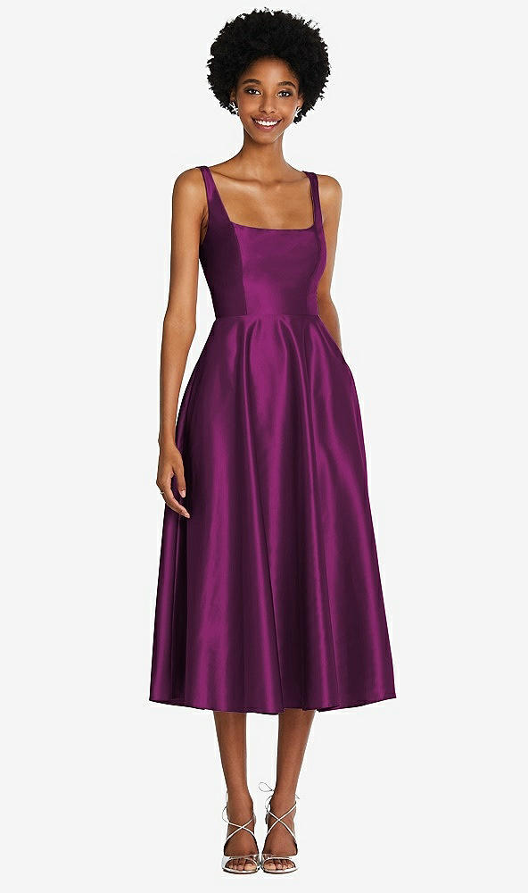 Front View - Wild Berry Square Neck Full Skirt Satin Midi Dress with Pockets
