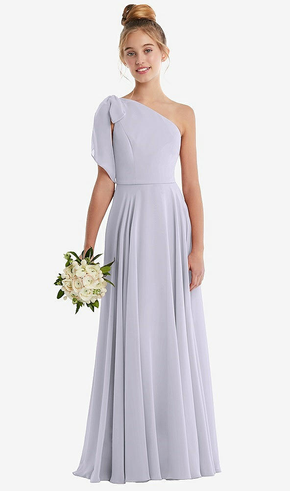 Front View - Silver Dove One-Shoulder Scarf Bow Chiffon Junior Bridesmaid Dress
