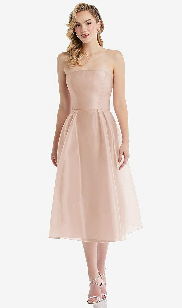 Front View - Cameo Strapless Pleated Skirt Organdy Midi Dress