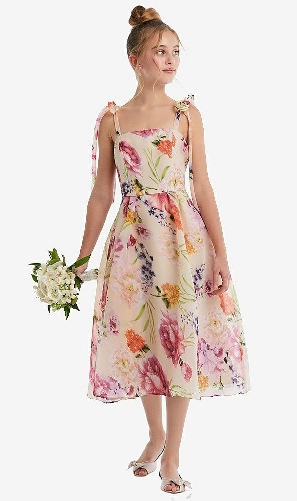 Front View - Penelope Floral Print Pink Floral Tie Shoulder Full Pleated Skirt Junior Bridesmaid Dress