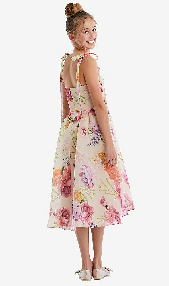 Back View - Penelope Floral Print Pink Floral Tie Shoulder Full Pleated Skirt Junior Bridesmaid Dress