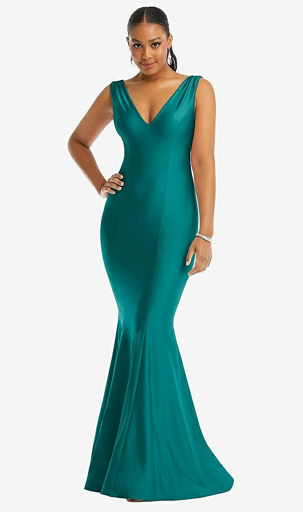 Front View - Peacock Teal Shirred Shoulder Stretch Satin Mermaid Dress with Slight Train