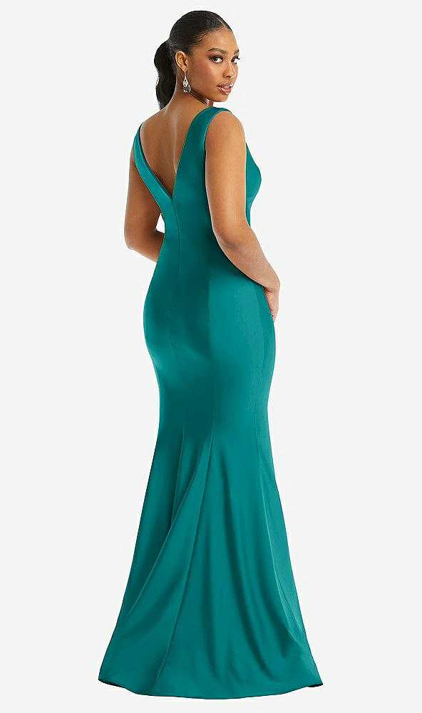 Back View - Peacock Teal Shirred Shoulder Stretch Satin Mermaid Dress with Slight Train
