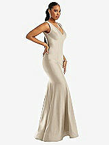 Side View Thumbnail - Champagne Shirred Shoulder Stretch Satin Mermaid Dress with Slight Train