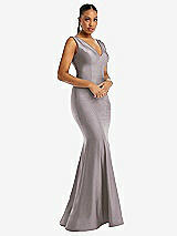 Alt View 1 Thumbnail - Cashmere Gray Shirred Shoulder Stretch Satin Mermaid Dress with Slight Train