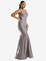 Side View Thumbnail - Cashmere Gray Shirred Shoulder Stretch Satin Mermaid Dress with Slight Train