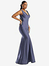 Side View Thumbnail - French Blue Shirred Shoulder Stretch Satin Mermaid Dress with Slight Train