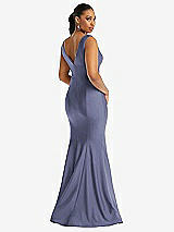 Rear View Thumbnail - French Blue Shirred Shoulder Stretch Satin Mermaid Dress with Slight Train