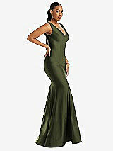 Side View Thumbnail - Olive Green Shirred Shoulder Stretch Satin Mermaid Dress with Slight Train