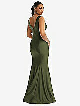 Rear View Thumbnail - Olive Green Shirred Shoulder Stretch Satin Mermaid Dress with Slight Train