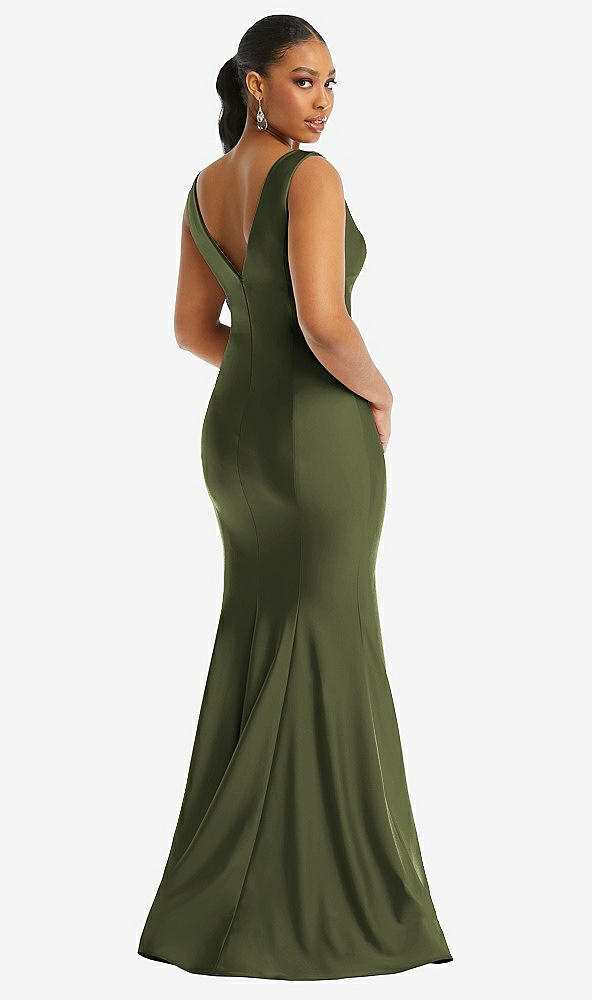 Back View - Olive Green Shirred Shoulder Stretch Satin Mermaid Dress with Slight Train