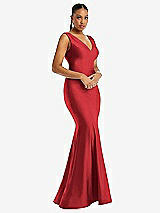 Alt View 1 Thumbnail - Poppy Red Shirred Shoulder Stretch Satin Mermaid Dress with Slight Train