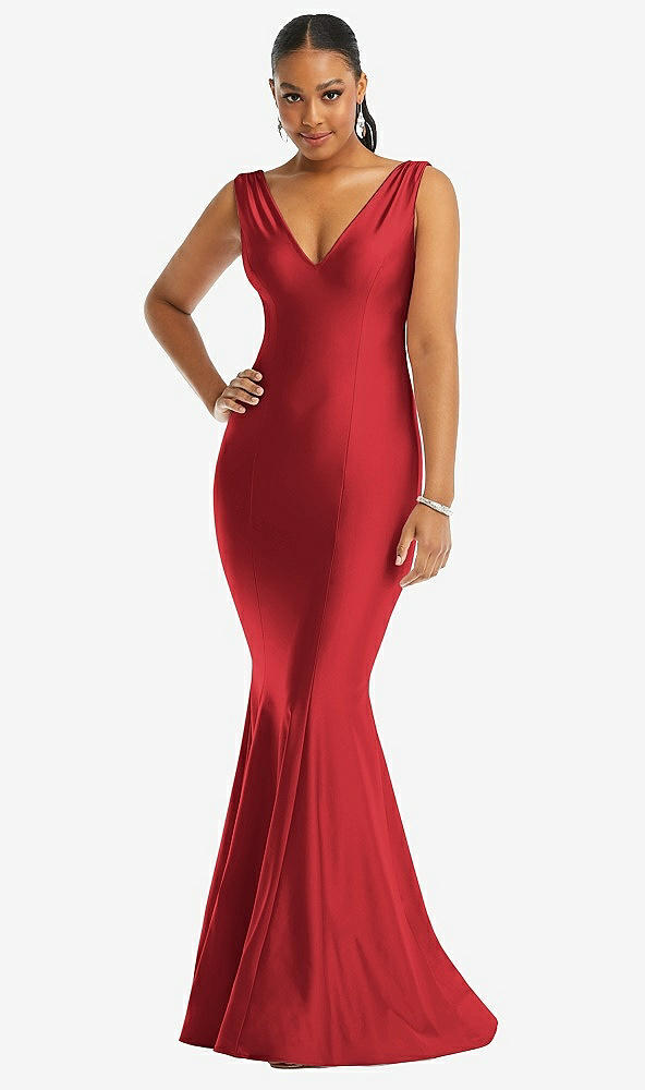 Front View - Poppy Red Shirred Shoulder Stretch Satin Mermaid Dress with Slight Train