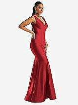 Side View Thumbnail - Poppy Red Shirred Shoulder Stretch Satin Mermaid Dress with Slight Train