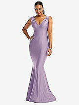 Front View Thumbnail - Pale Purple Shirred Shoulder Stretch Satin Mermaid Dress with Slight Train