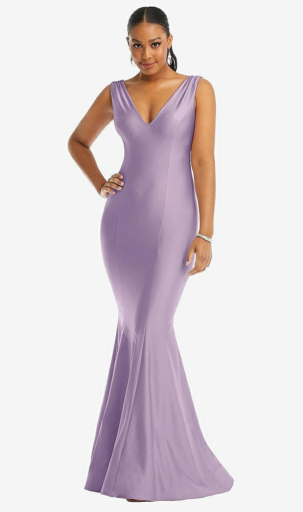 Front View - Pale Purple Shirred Shoulder Stretch Satin Mermaid Dress with Slight Train