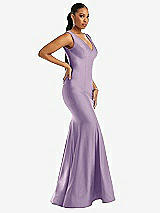 Side View Thumbnail - Pale Purple Shirred Shoulder Stretch Satin Mermaid Dress with Slight Train