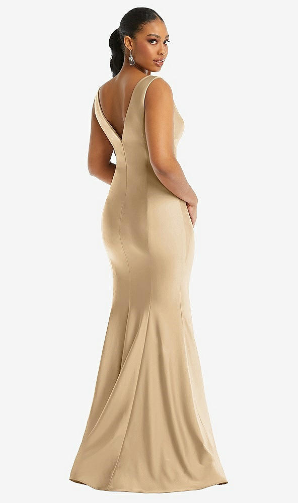 Back View - Soft Gold Shirred Shoulder Stretch Satin Mermaid Dress with Slight Train