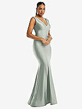 Alt View 1 Thumbnail - Willow Green Shirred Shoulder Stretch Satin Mermaid Dress with Slight Train
