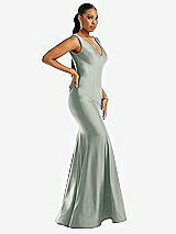 Side View Thumbnail - Willow Green Shirred Shoulder Stretch Satin Mermaid Dress with Slight Train