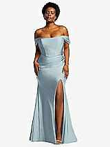 Front View Thumbnail - Mist Off-the-Shoulder Corset Stretch Satin Mermaid Dress with Slight Train