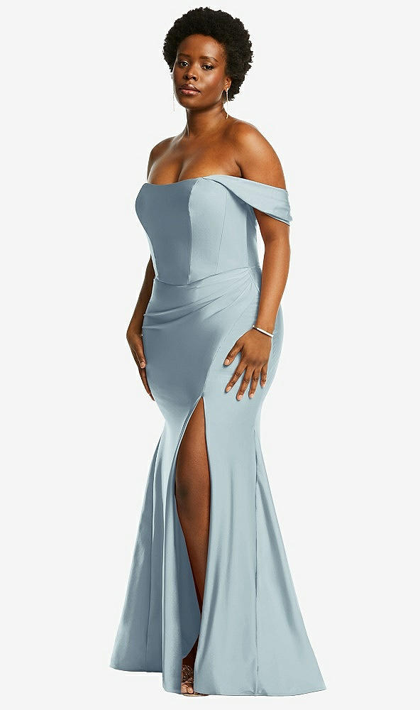 Back View - Mist Off-the-Shoulder Corset Stretch Satin Mermaid Dress with Slight Train