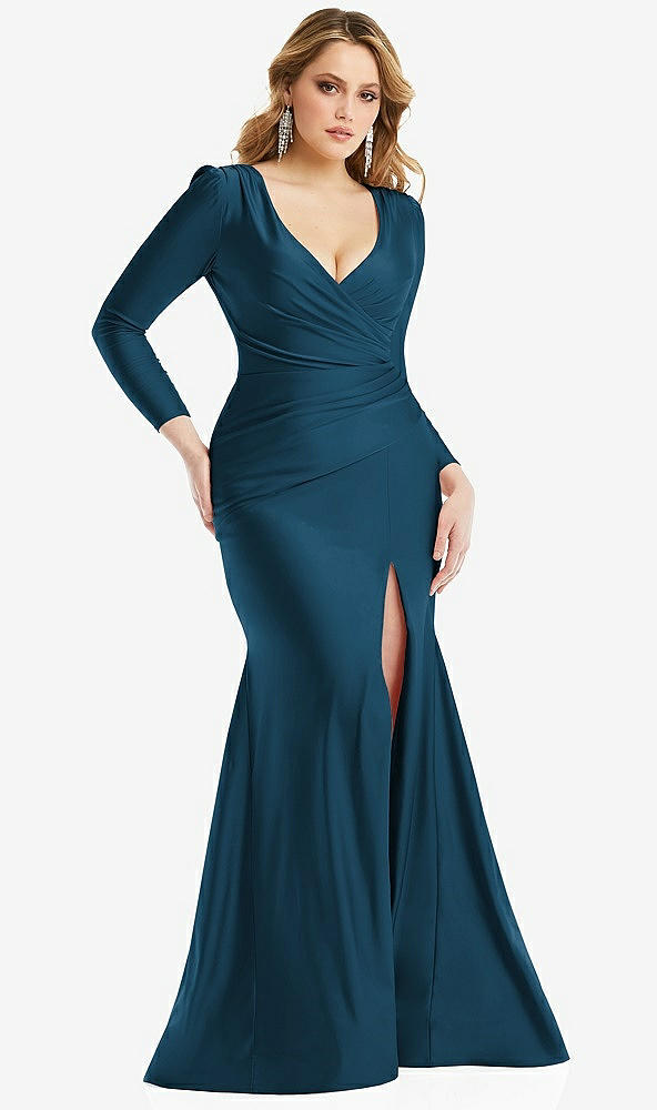 Front View - Atlantic Blue Long Sleeve Draped Wrap Stretch Satin Mermaid Dress with Slight Train