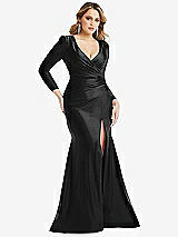 Front View Thumbnail - Black Long Sleeve Draped Wrap Stretch Satin Mermaid Dress with Slight Train