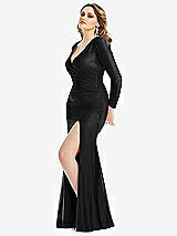 Side View Thumbnail - Black Long Sleeve Draped Wrap Stretch Satin Mermaid Dress with Slight Train