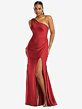 Front View Thumbnail - Poppy Red One-Shoulder Asymmetrical Cowl Back Stretch Satin Mermaid Dress