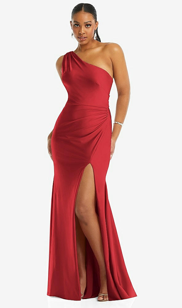 Front View - Poppy Red One-Shoulder Asymmetrical Cowl Back Stretch Satin Mermaid Dress