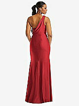 Rear View Thumbnail - Poppy Red One-Shoulder Asymmetrical Cowl Back Stretch Satin Mermaid Dress