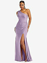 Front View Thumbnail - Pale Purple One-Shoulder Asymmetrical Cowl Back Stretch Satin Mermaid Dress