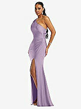 Side View Thumbnail - Pale Purple One-Shoulder Asymmetrical Cowl Back Stretch Satin Mermaid Dress