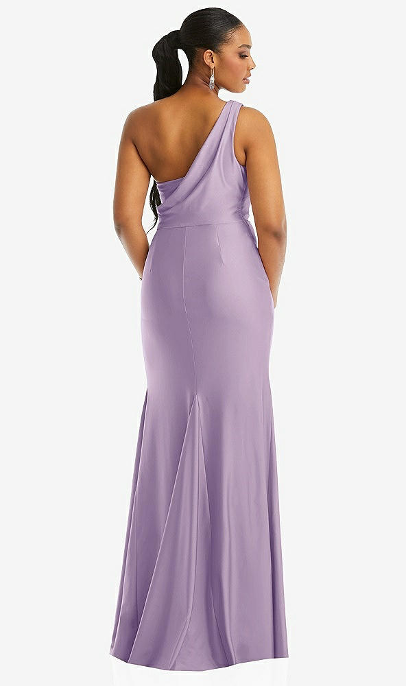 Back View - Pale Purple One-Shoulder Asymmetrical Cowl Back Stretch Satin Mermaid Dress