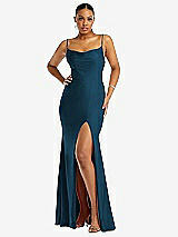Front View Thumbnail - Atlantic Blue Cowl-Neck Open Tie-Back Stretch Satin Mermaid Dress with Slight Train