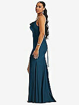 Side View Thumbnail - Atlantic Blue Cowl-Neck Open Tie-Back Stretch Satin Mermaid Dress with Slight Train