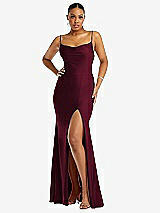Front View Thumbnail - Cabernet Cowl-Neck Open Tie-Back Stretch Satin Mermaid Dress with Slight Train