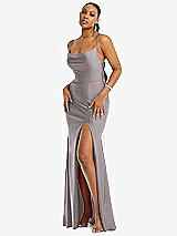 Alt View 1 Thumbnail - Cashmere Gray Cowl-Neck Open Tie-Back Stretch Satin Mermaid Dress with Slight Train